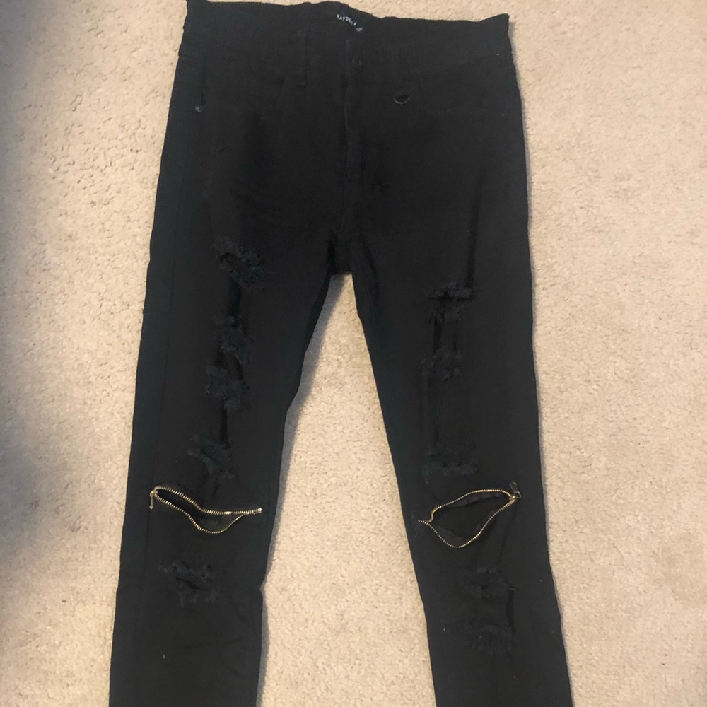 KDNK Black Skinny Jeans With Golden Zipper Knees